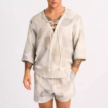 Men’s Casual Set – Relaxed Fit Shirt & Shorts – Lace-Up Neckline – Breathable Fabric