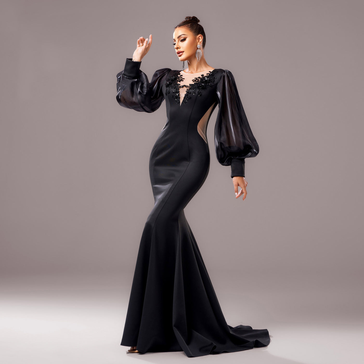 Long Sleeve Round Neck Banquet Applique Sheath Fishtail Dress