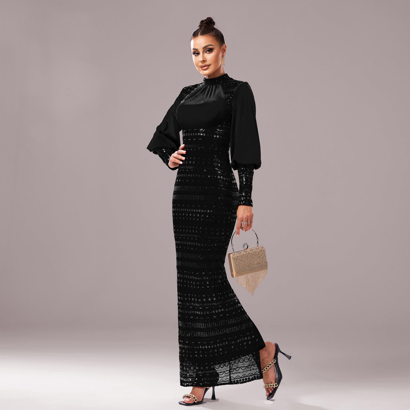 Long Sleeve Round Neck Sequins Slit Evening Dress