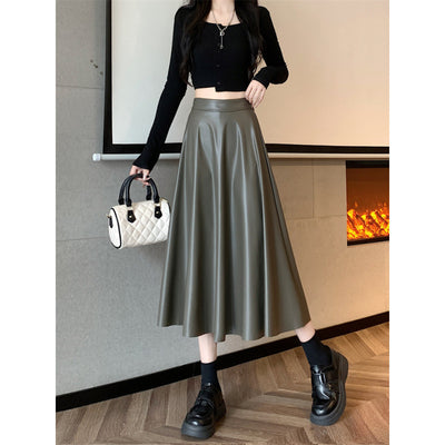 Leather Medium Length Simple A- Line Umbrella Skirt