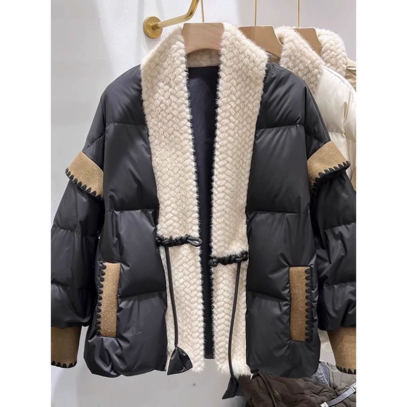 V-neck Frog Button Stitching Furry Padded Down Jacket Cotton-padded Coat