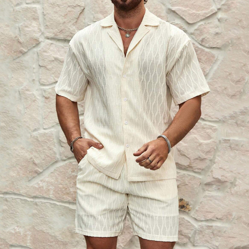 Men’s Two-Piece Set – Button-Up Shirt & Shorts – Relaxed Fit – Notched Collar – Lightweight Cotton