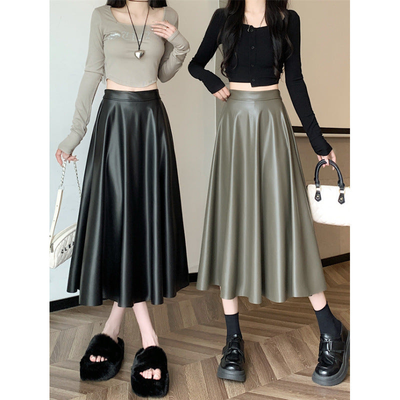 Leather Medium Length Simple A- Line Umbrella Skirt