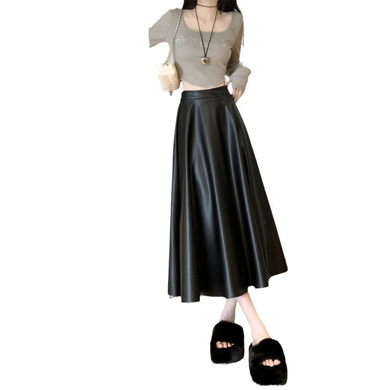 Leather Medium Length Simple A- Line Umbrella Skirt